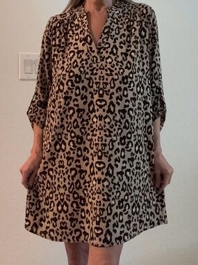 Leopard Print Tunic Dress - Beige & Black